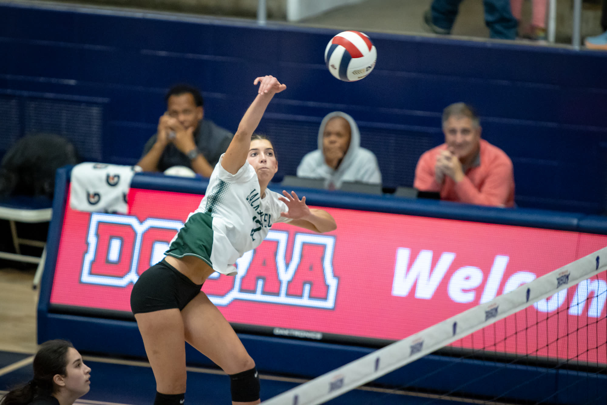 DCSAA — volleyball attack in front of the DCSAA banner