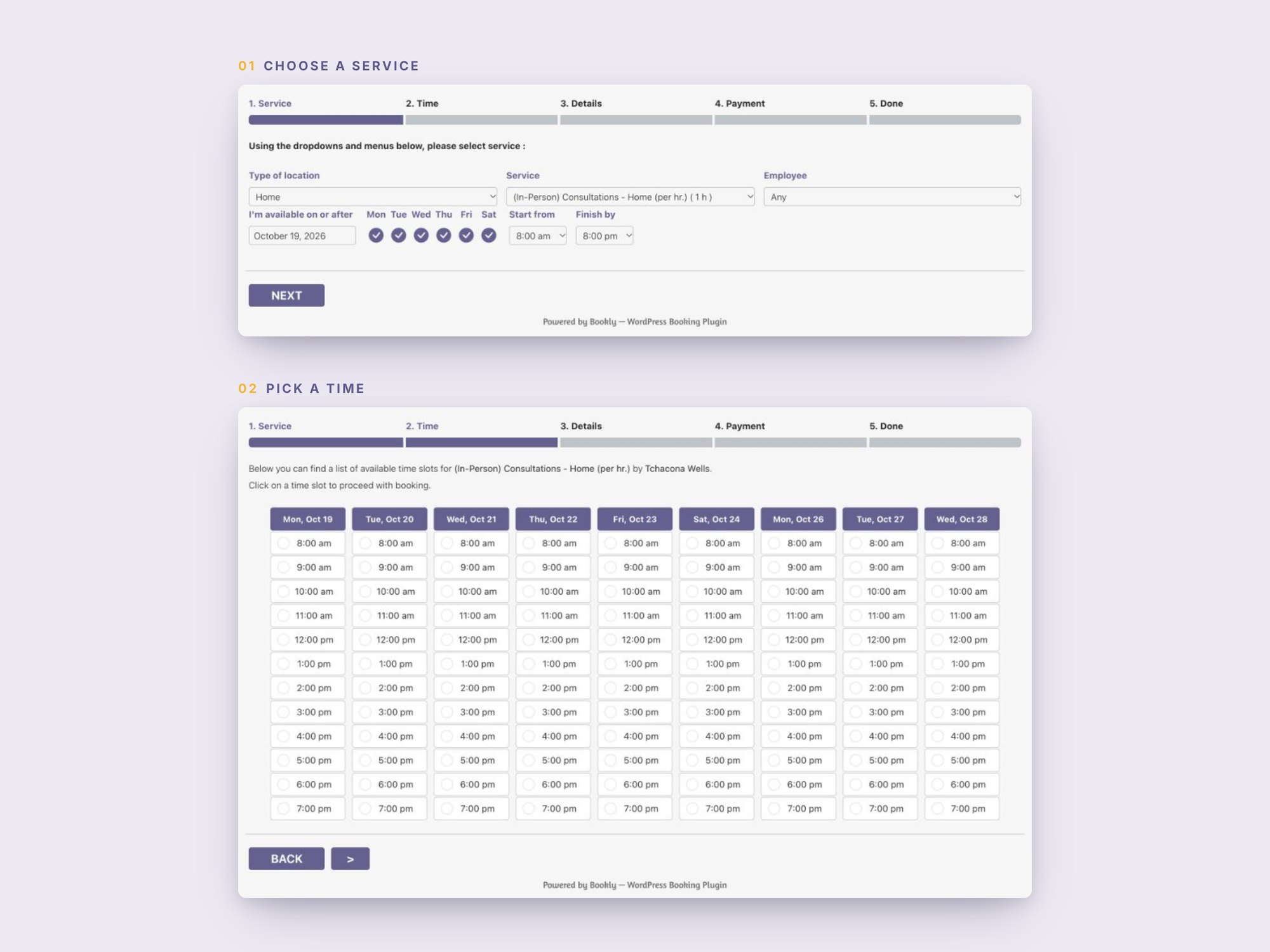 Guidinglight — Bookly booking flow: service and time steps